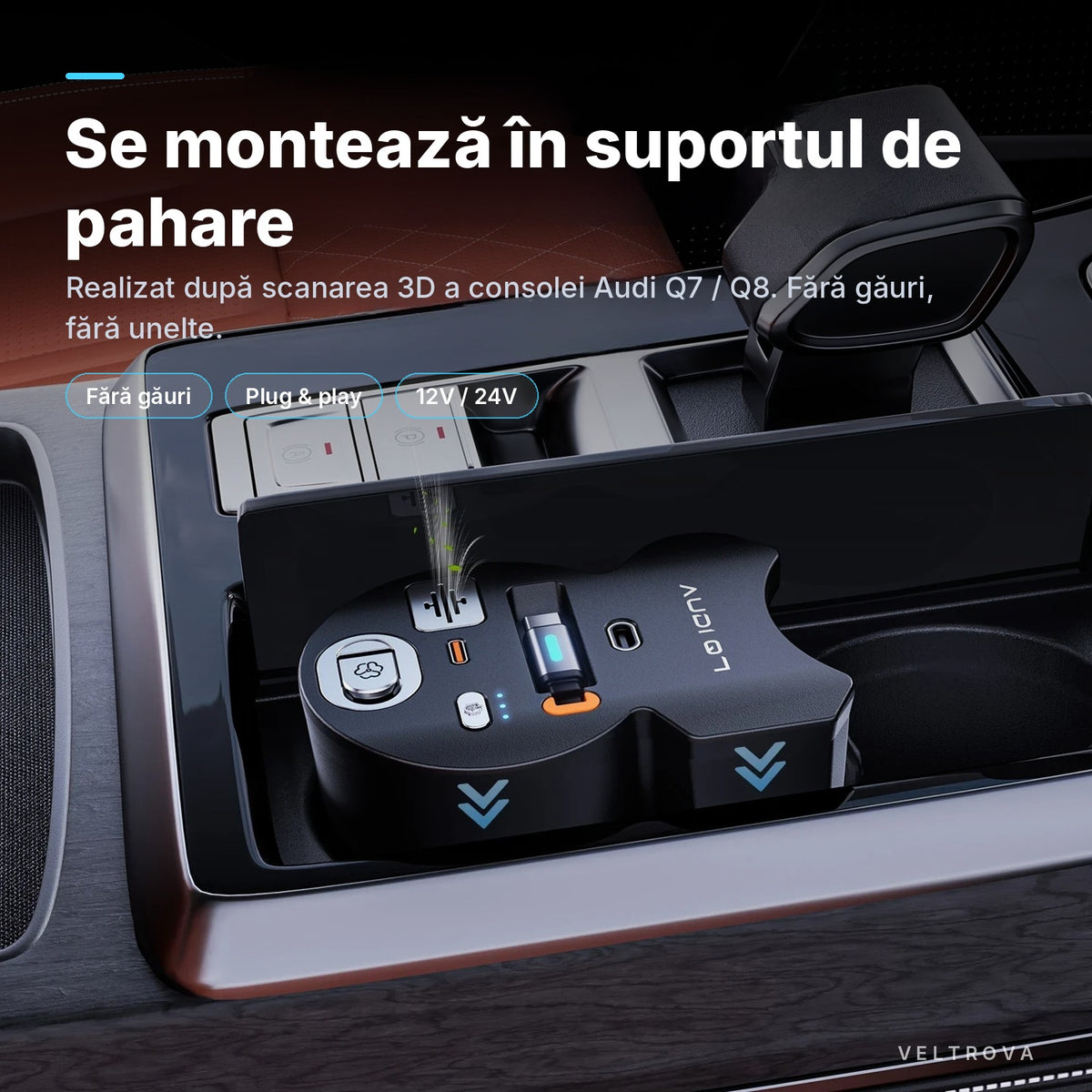 Încărcător Auto dedicat 130W cu Încărcare wireless și difuzor de parfum pentru Audi Q7 4M facelift / SQ7 / Q8 / RS Q8 (2019-2025)