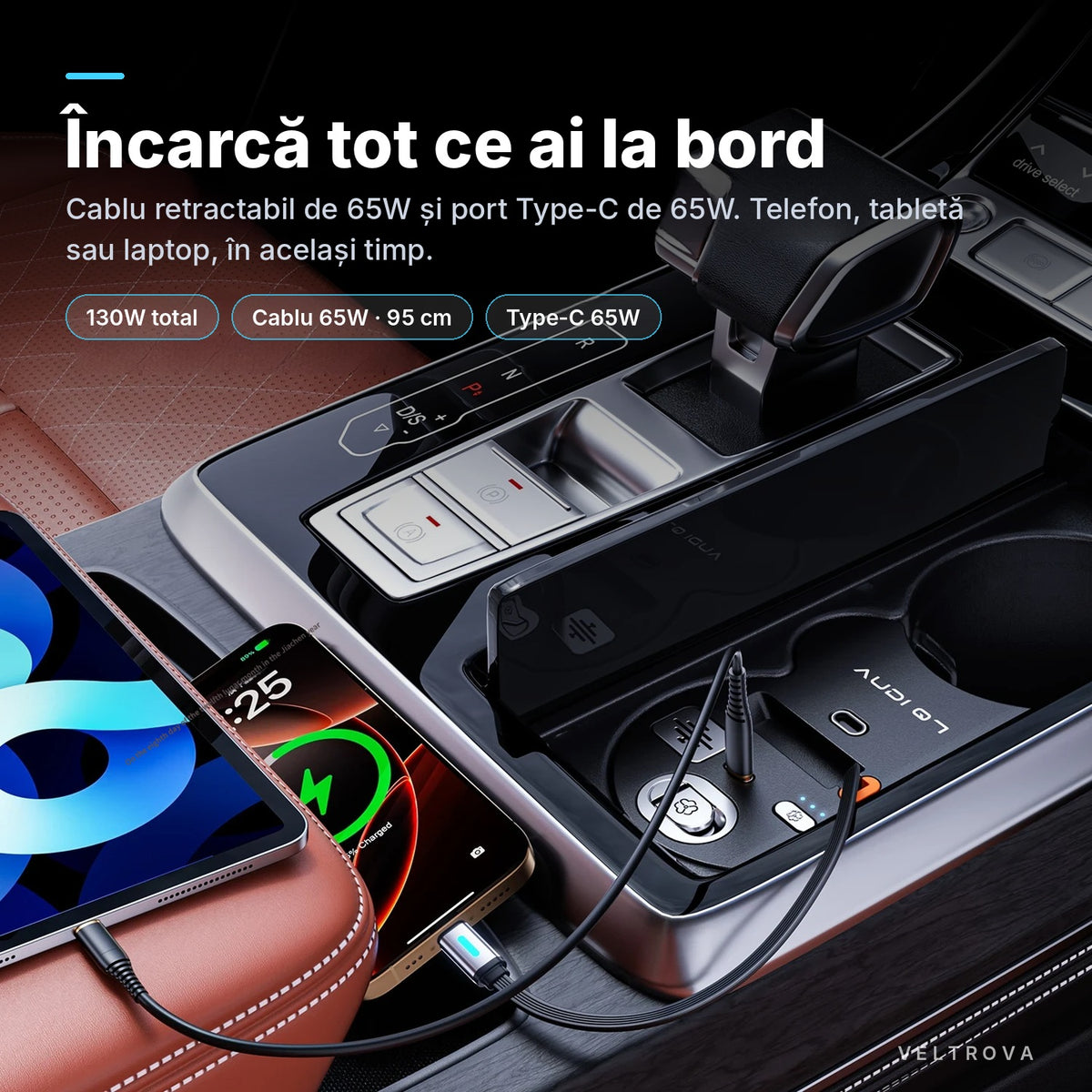 Încărcător Auto dedicat 130W cu Încărcare wireless și difuzor de parfum pentru Audi Q7 4M facelift / SQ7 / Q8 / RS Q8 (2019-2025)