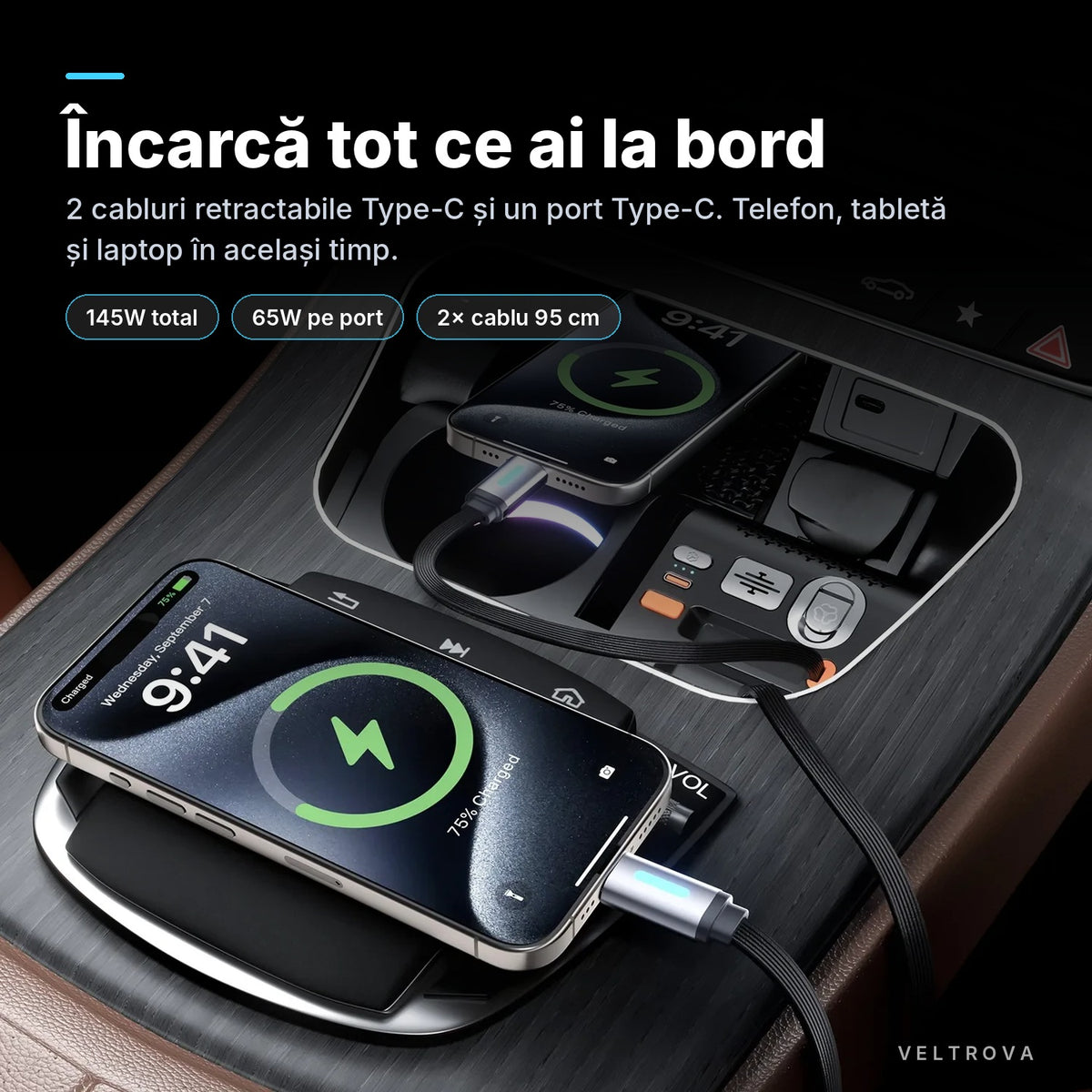 Încărcător Auto dedicat 145W, Încărcare wireless, difuzor de parfum și lumină RGB pentru Mercedes C W205 / E W213 / CLS C257 / S W222 / GLC X253 / G W463