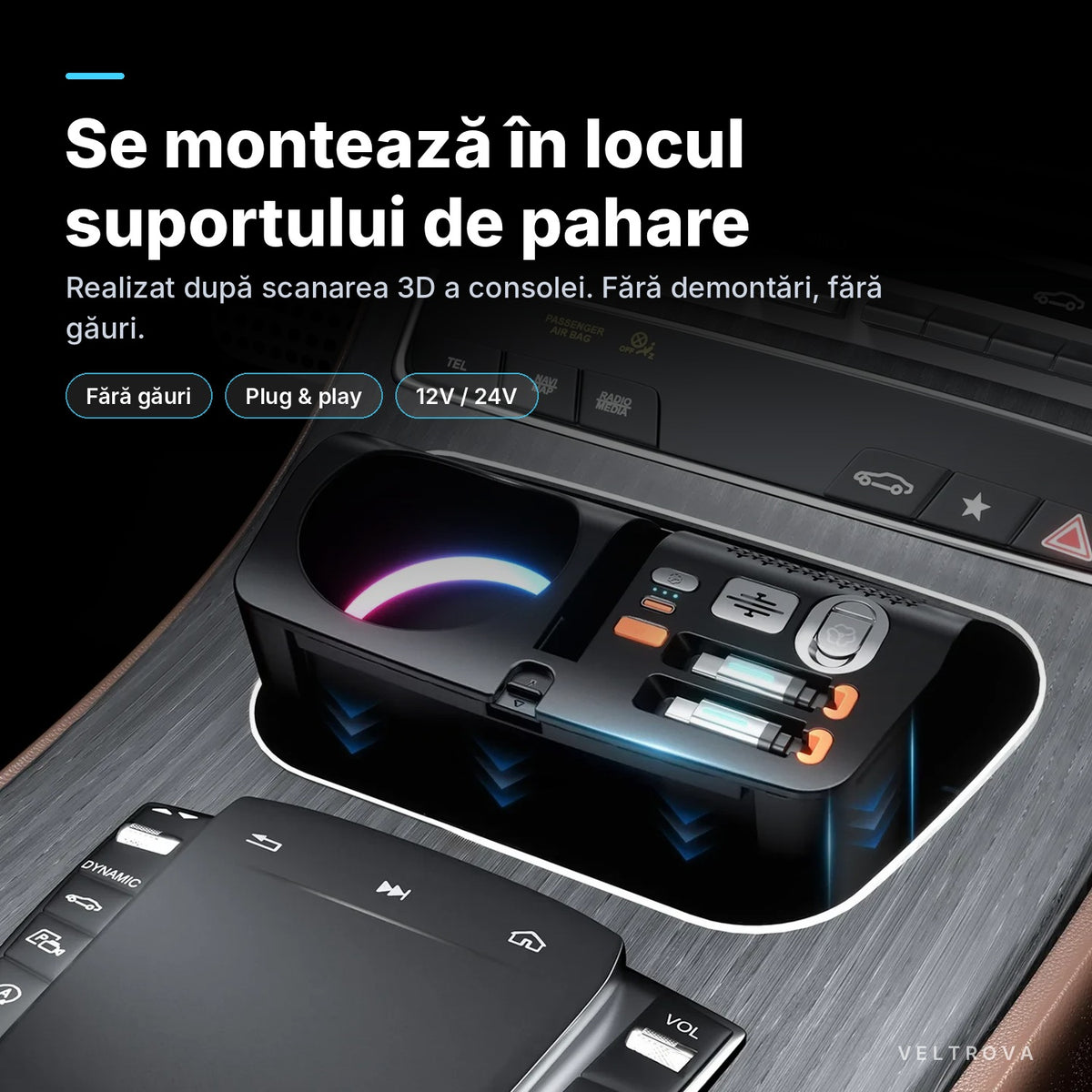 Încărcător Auto dedicat 145W, Încărcare wireless, difuzor de parfum și lumină RGB pentru Mercedes C W205 / E W213 / CLS C257 / S W222 / GLC X253 / G W463