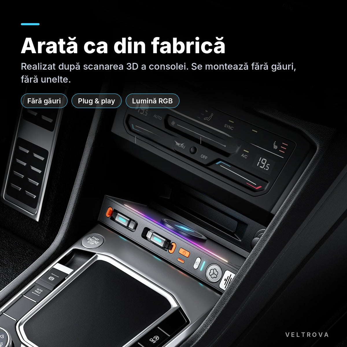 Încărcător Auto dedicat 135W cu Încărcare wireless, parfum și lumină RGB pentru VW Tiguan (2017-2024)