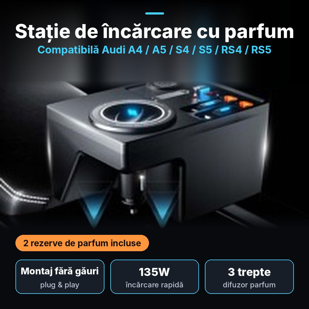 Încărcător Auto dedicat 135W cu Încărcare wireless și difuzor de parfum pentru Audi A4 B9 / A5 F5 / S4 / S5 / RS4 / RS5 (2016-2024)