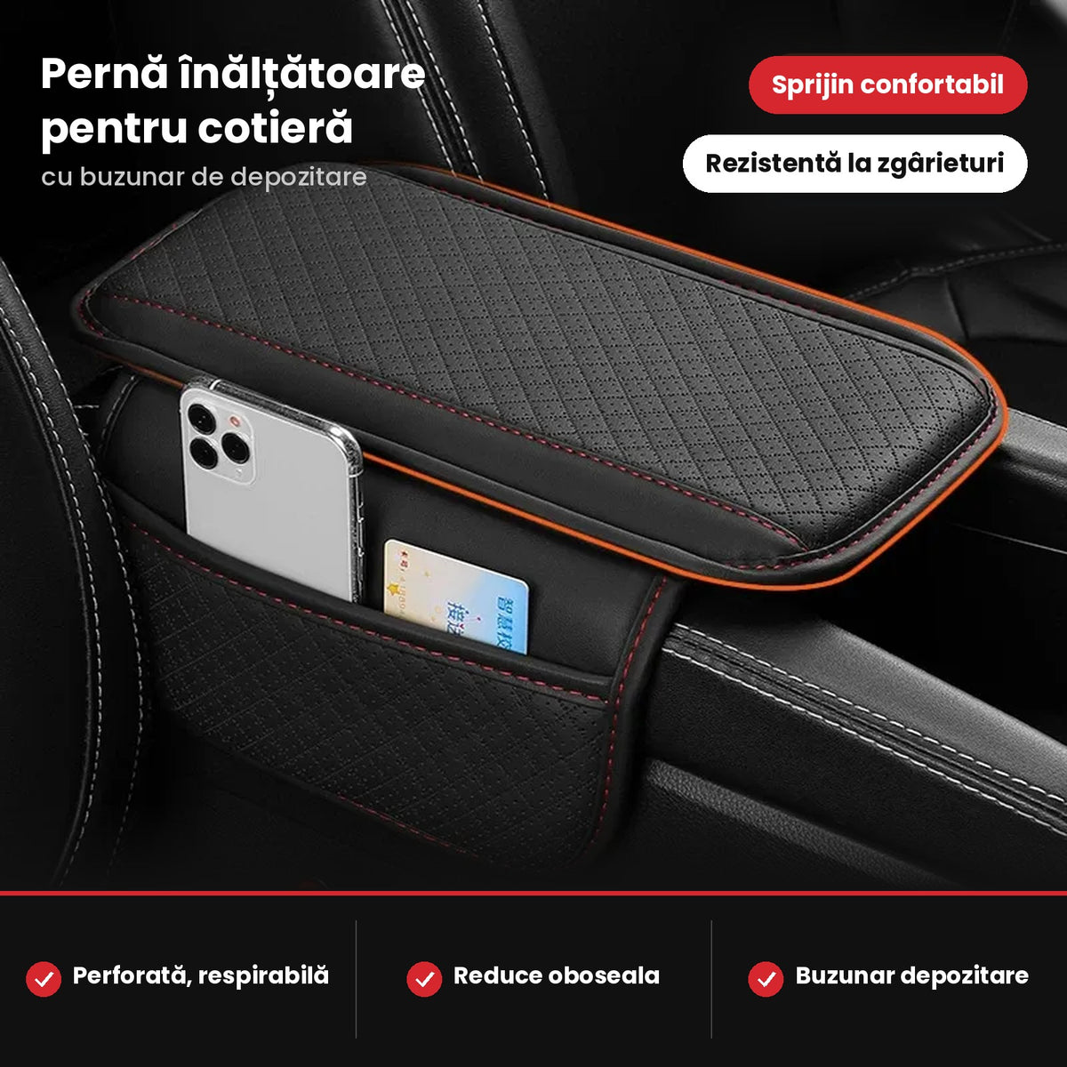 Husă Cotieră Auto cu Buzunar de Depozitare, Piele Ecologică Perforată, Negra