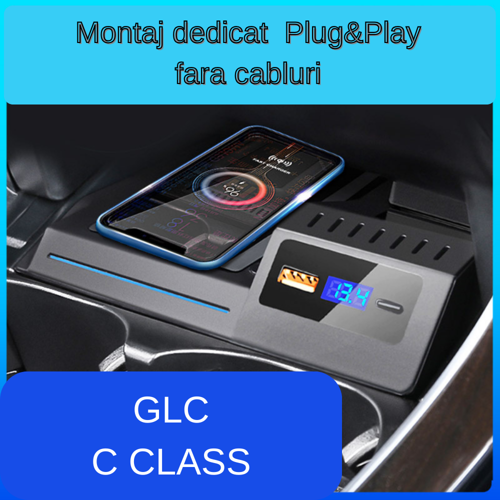Suport telefon Smart / Statie de incarcare wireless montaj OEM dedicat plug&play pentru Mercedes C Class/GLC W205 C43 C63 GLC43 GLC63, 15W, 2 porturi, montaj Plug&Play
