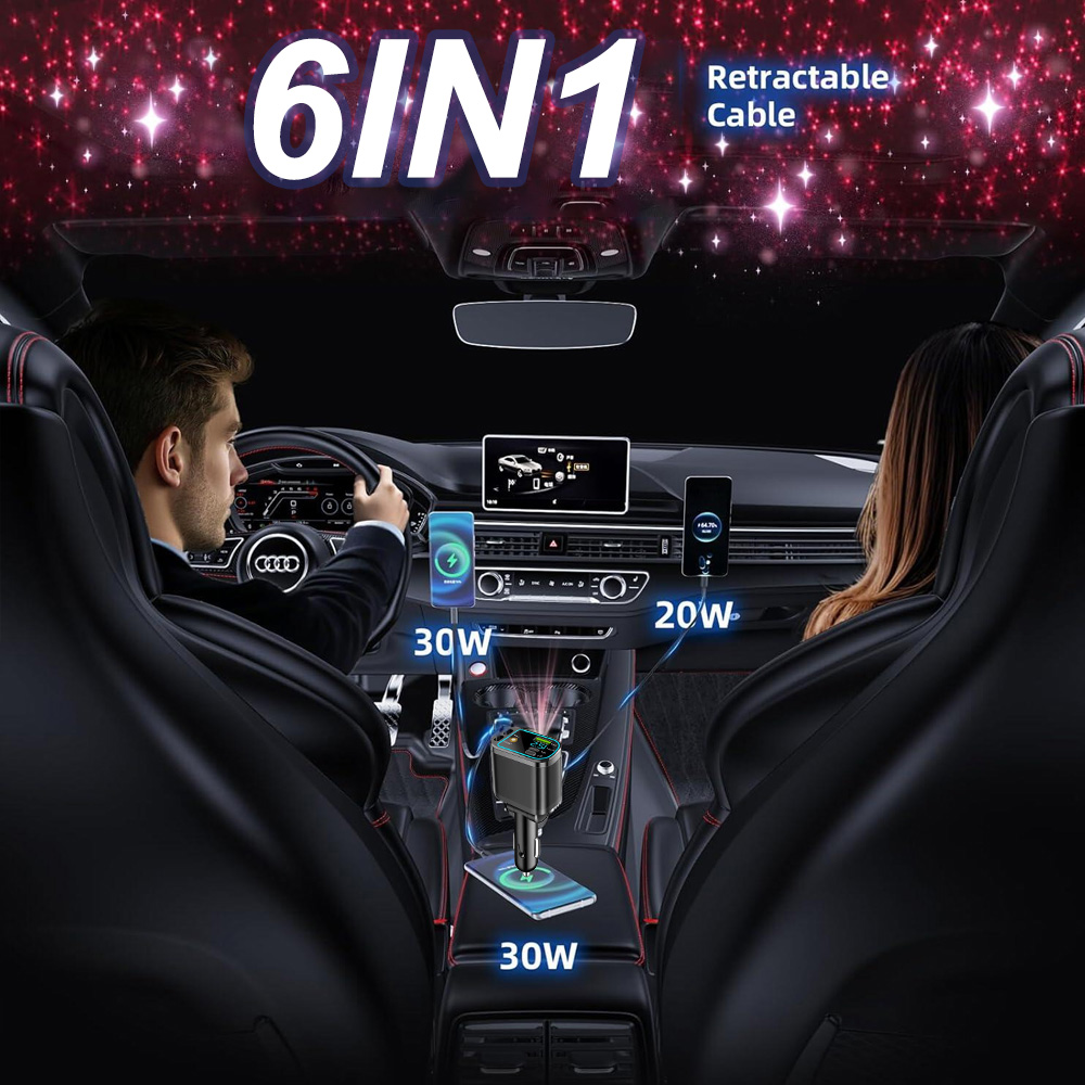 5-in-1 Car Charger with Retractable Cable, Fast Charging & Starlight Projection