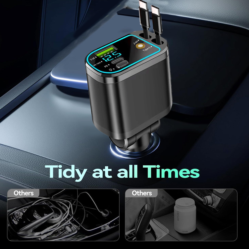 5-in-1 Car Charger with Retractable Cable, Fast Charging & Starlight Projection