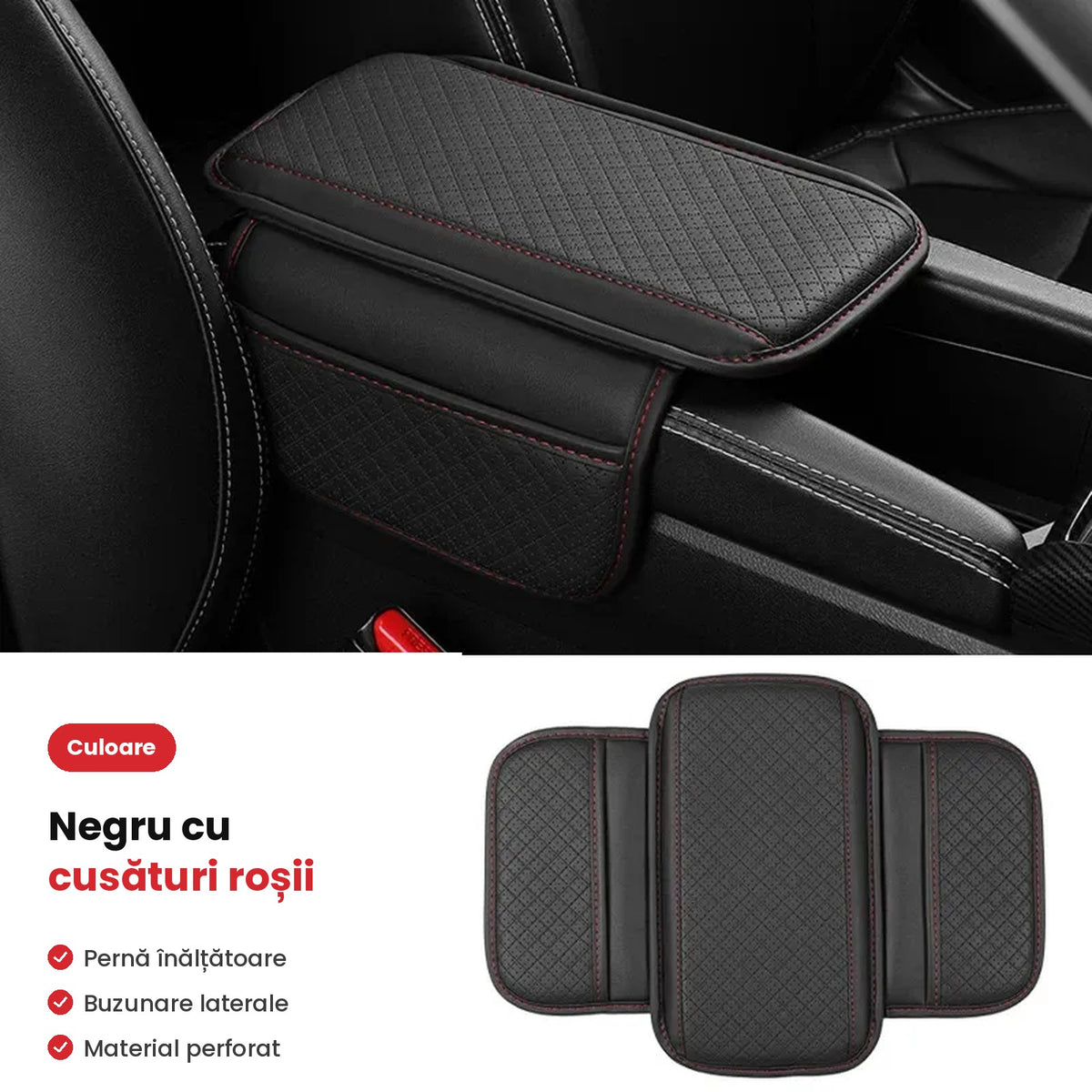 Husă Cotieră Auto cu Buzunar de Depozitare, Piele Ecologică Perforată, Negra