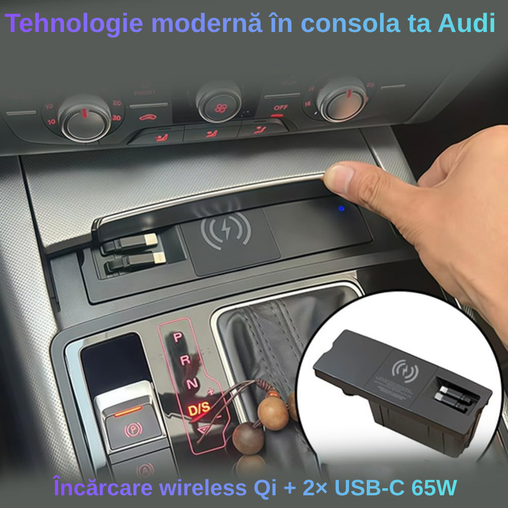 Încărcător Auto dedicat cu incarcare wireless si Dual USB-C 65W pentru Audi A6L / A7 / C7 2011-2018 — Plug & Play