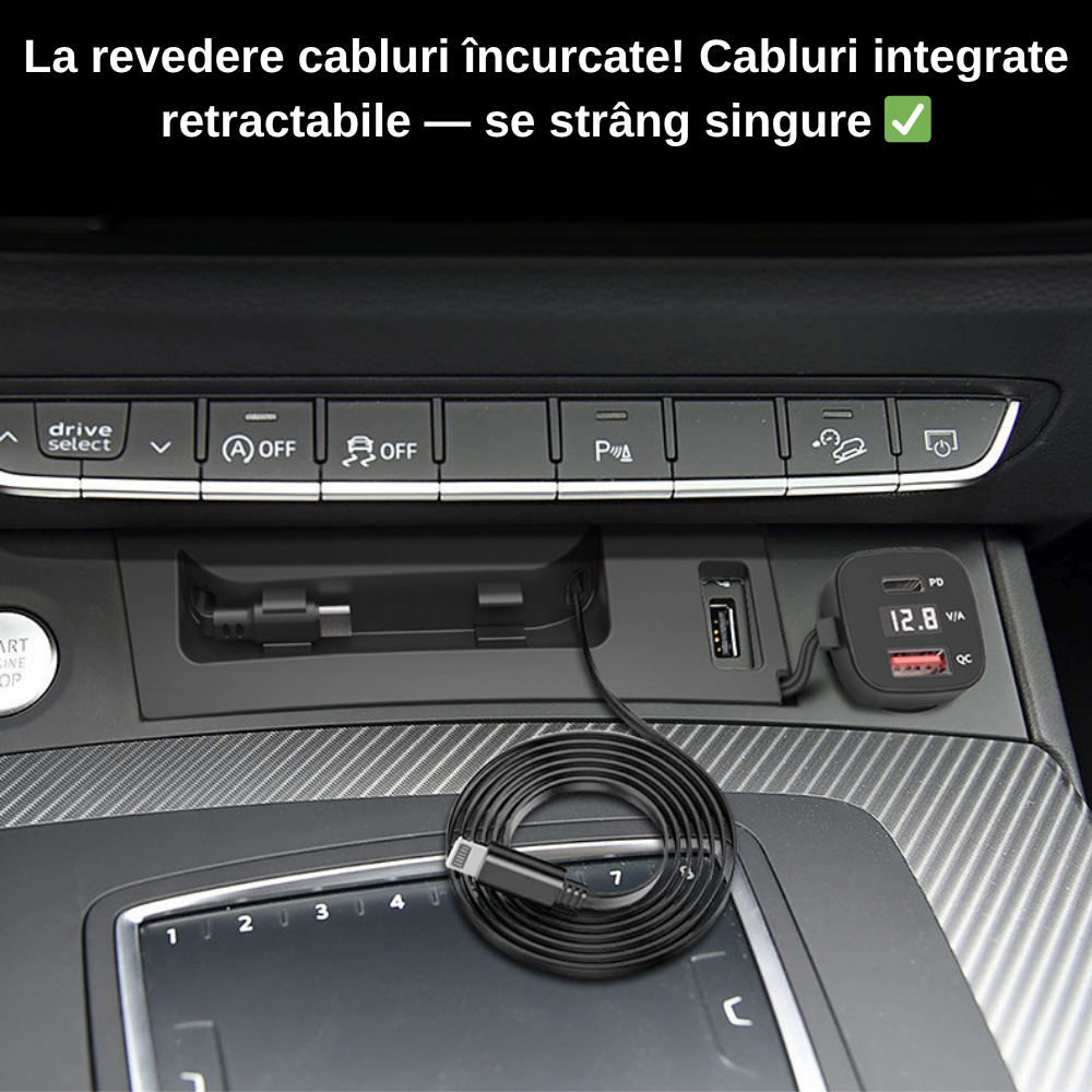 Încărcător Auto dedicat cu cabluri retractabile Fast Charging pentru Audi Q5 2018-2025 — Plug & Play în loc de Scrumieră | QC3.0 + Type-C PD2.0/3.0
