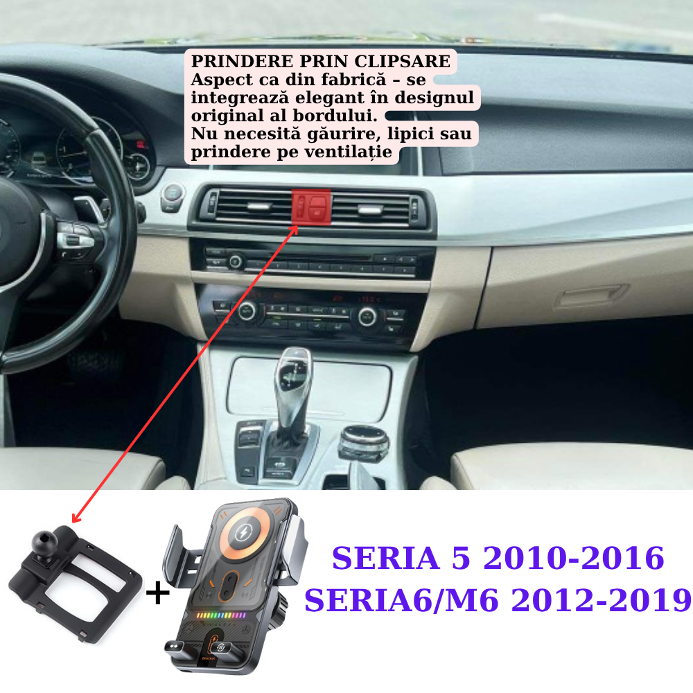 Suport telefon Smart cu prindere dedicata OEM pentru BMW 5 F10 2010-2016/Seria 6 2012-2019