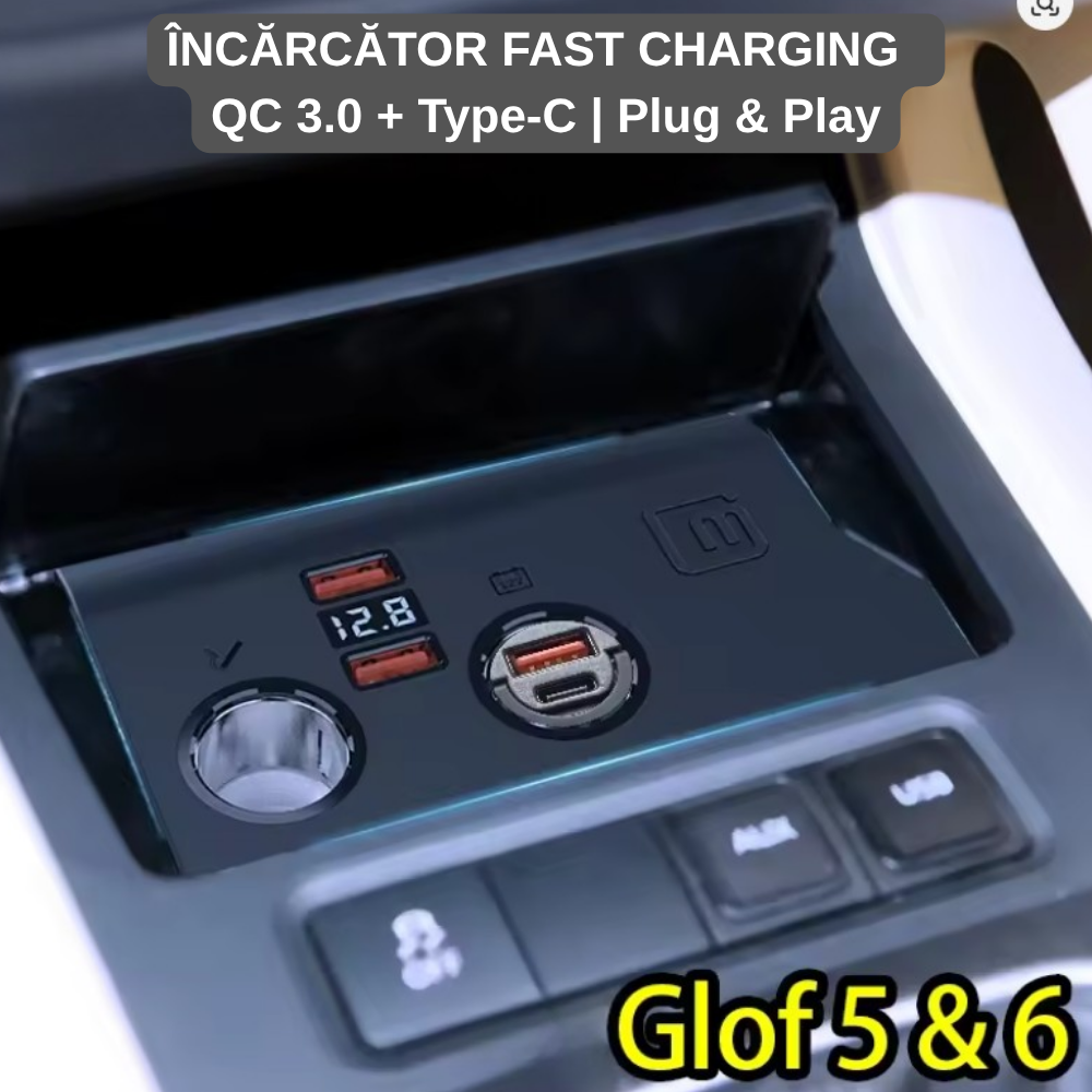 Încărcător Auto dedicat cu USB Fast Charging pentru Volkswagen Golf 5/ 6 / Jetta — Plug & Play în loc de Scrumieră | QC3.0 + Type-C PD2.0/3.0