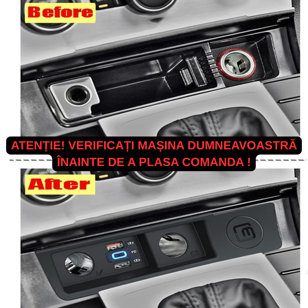 Încărcător Auto dedicat cu USB Fast Charging pentru Volkswagen Passat B6/B7/CC 2005-2014 — Plug & Play în loc de Scrumieră | QC3.0 + Type-C PD2.0/3.0