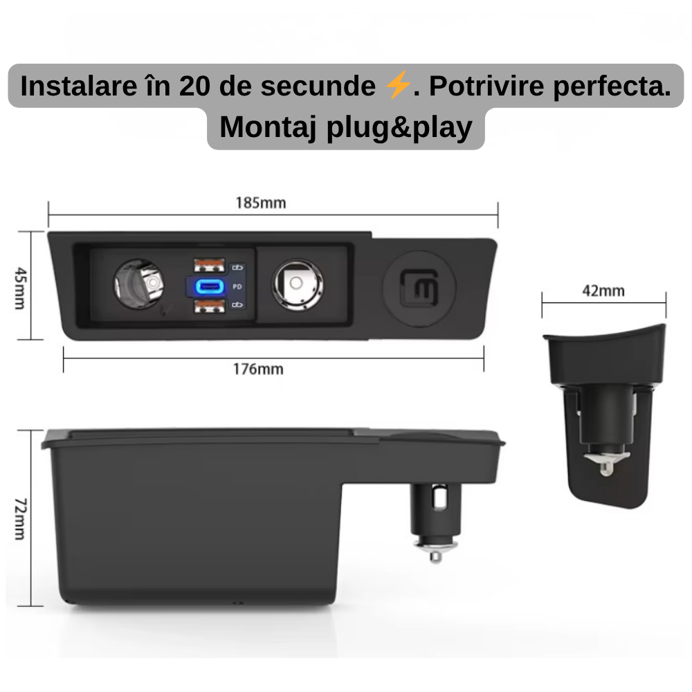 Încărcător Auto dedicat cu USB Fast Charging pentru Volkswagen Passat B6/B7/CC 2005-2014 — Plug & Play în loc de Scrumieră | QC3.0 + Type-C PD2.0/3.0