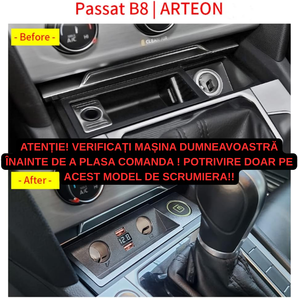Încărcător Auto dedicat cu USB Fast Charging pentru Volkswagen Passat B8 2014-2019 — Plug & Play în loc de Scrumieră | QC3.0 + Type-C PD2.0/3.0