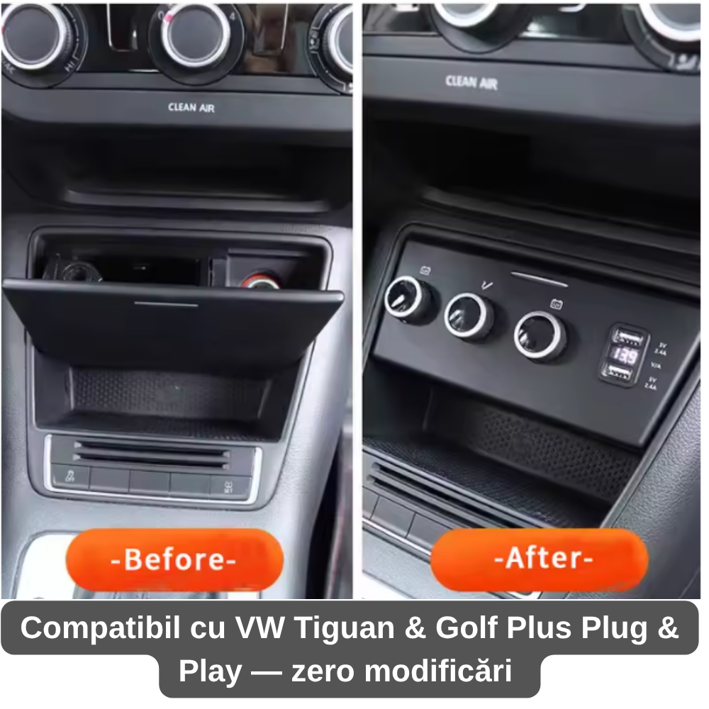 Încărcător Auto dedicat cu USB Fast Charging pentru Volkswagen Tiguan 2007–2015/Golf plus 2005-2015 — Plug & Play în loc de Scrumieră | QC3.0 + Type-C PD2.0/3.0