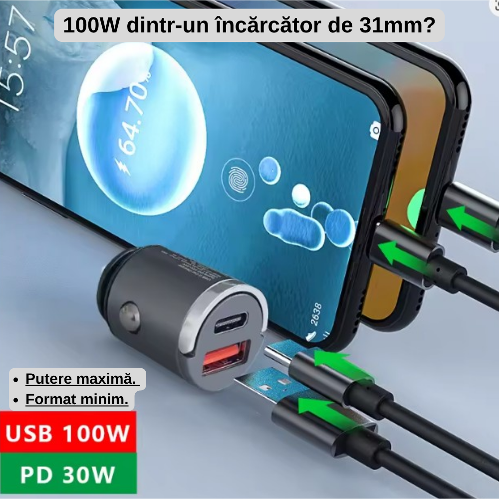 Mini Încărcător Auto Ultra-Compact 31mm — USB-A 100W + USB-C PD 30W, Aliaj de Zinc, Fast Charging