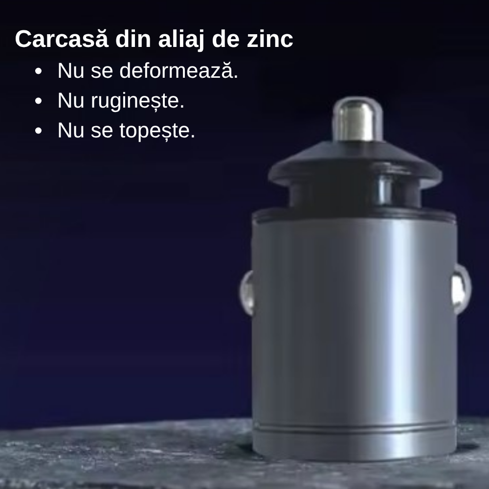 Mini Încărcător Auto Ultra-Compact 31mm — USB-A 100W + USB-C PD 30W, Aliaj de Zinc, Fast Charging