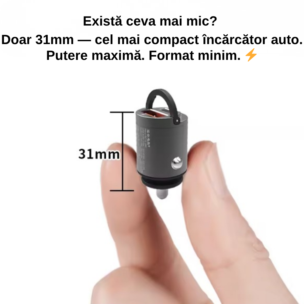 Mini Încărcător Auto Ultra-Compact 31mm — USB-A 100W + USB-C PD 30W, Aliaj de Zinc, Fast Charging