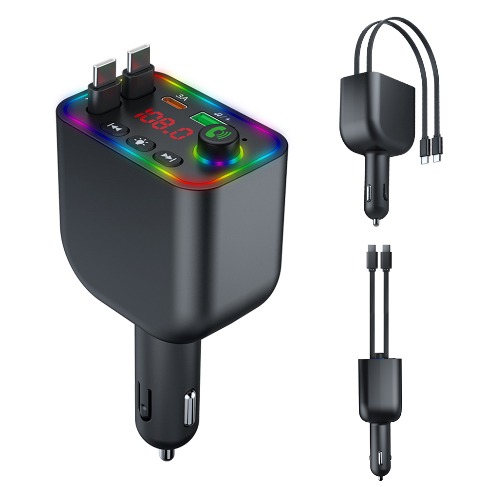Încărcător Auto 4-în-1 cu Bluetooth 5.3, Transmițător FM și Cabluri Retractabile – 120W