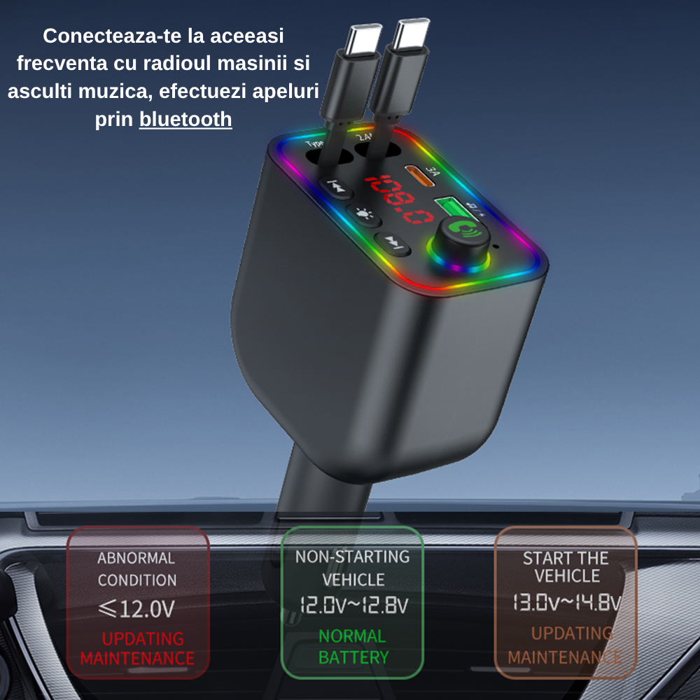 Încărcător Auto 4-în-1 cu Bluetooth 5.3, Transmițător FM și Cabluri Retractabile – 120W