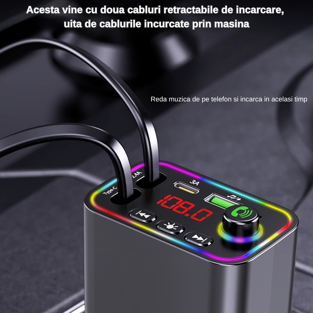 Încărcător Auto 4-în-1 cu Bluetooth 5.3, Transmițător FM și Cabluri Retractabile – 120W