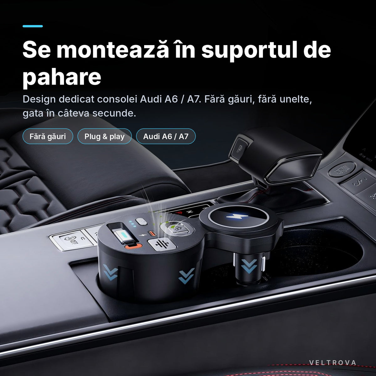 Încărcător Auto dedicat 130W  cu Încărcare wireless și difuzor de parfum pentru Audi Q7 4M facelift / SQ7 / Q8 / RS Q8 (2019-2025)