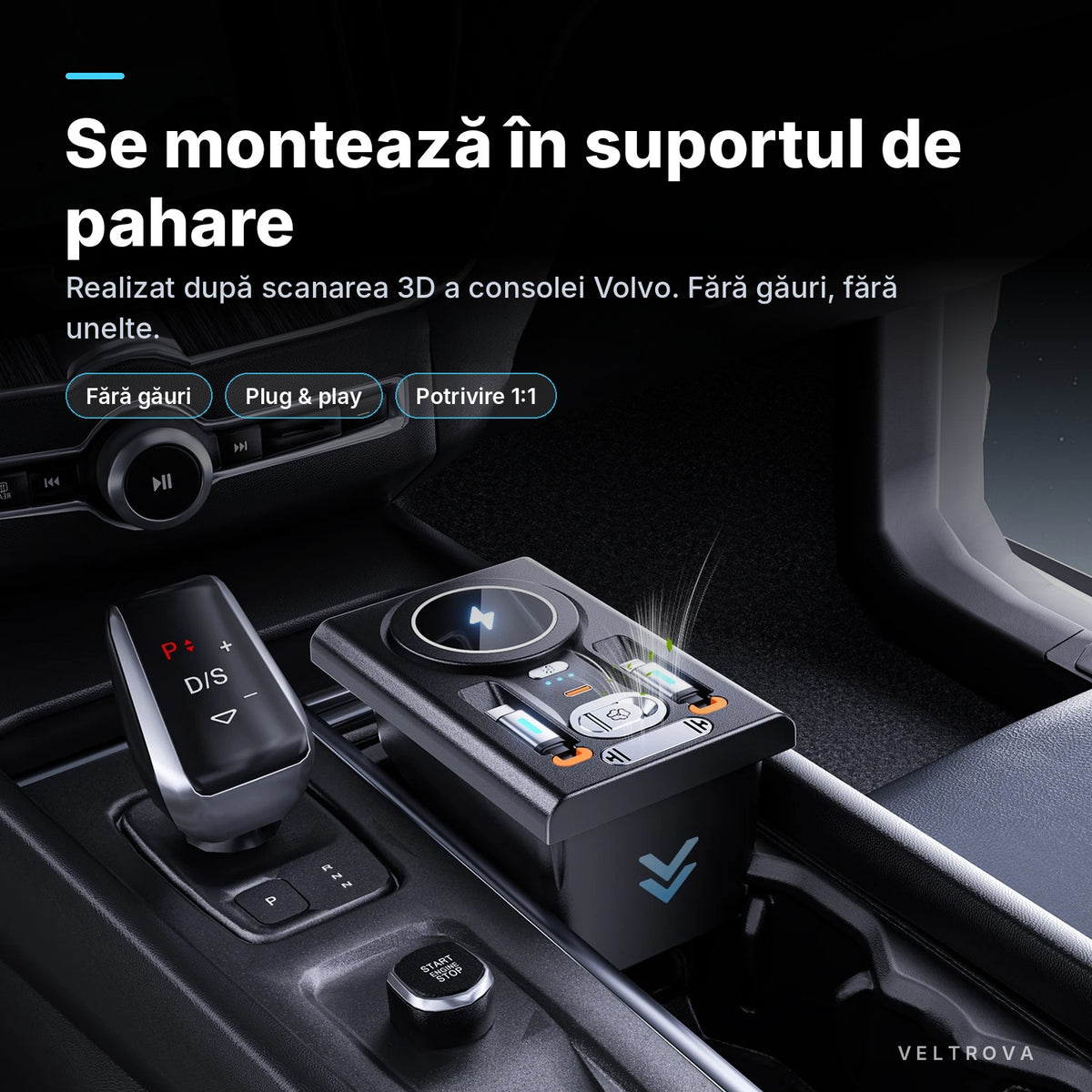 Încărcător Auto dedicat 135W cu Încărcare wireless și  difuzor de parfum pentru Volvo XC90 / XC60 / S90 / V90 / S60 / V60 (2015-2025)