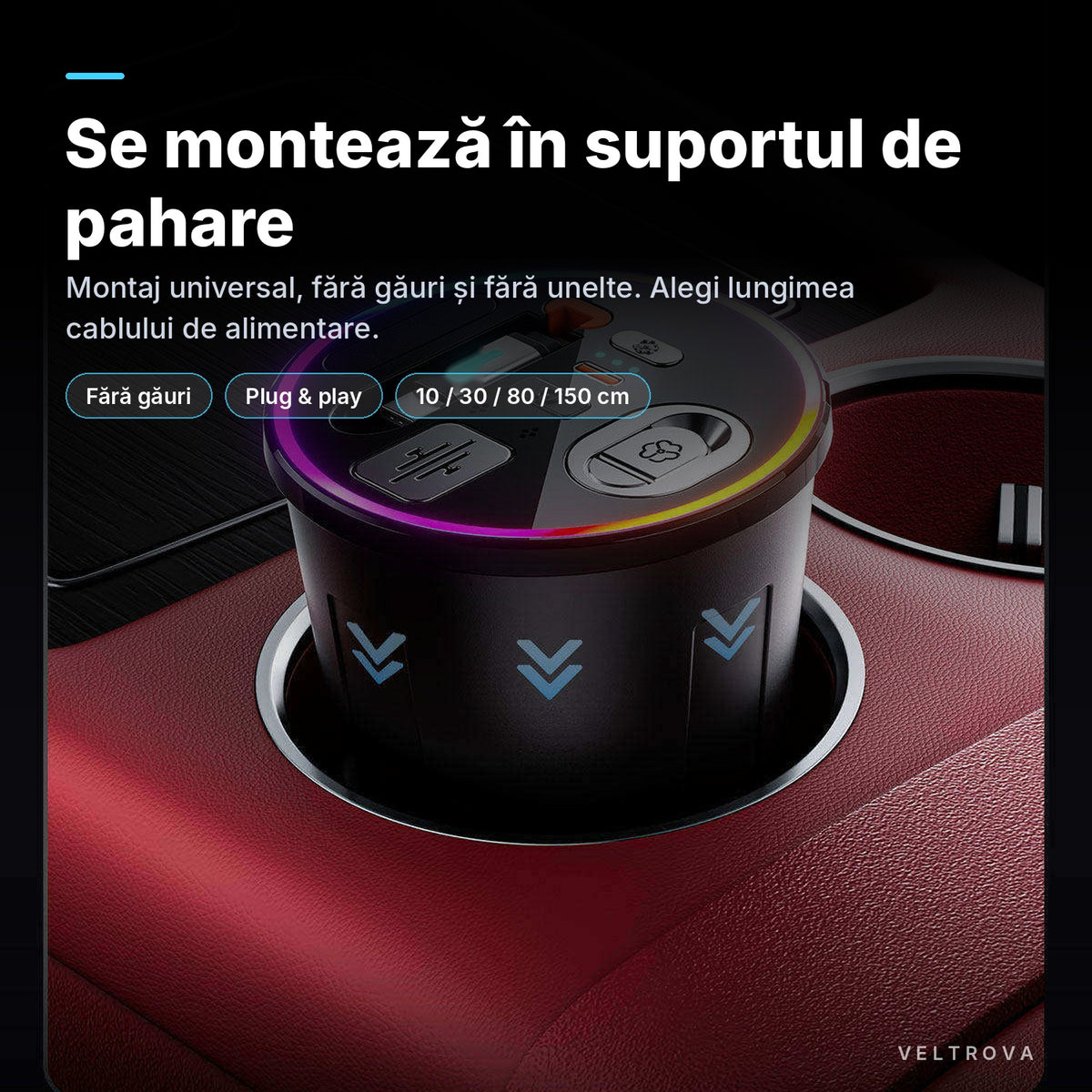 Încărcător Auto dedicat pentru suportul de pahare 130W cu difuzor de parfum și lumină RGB