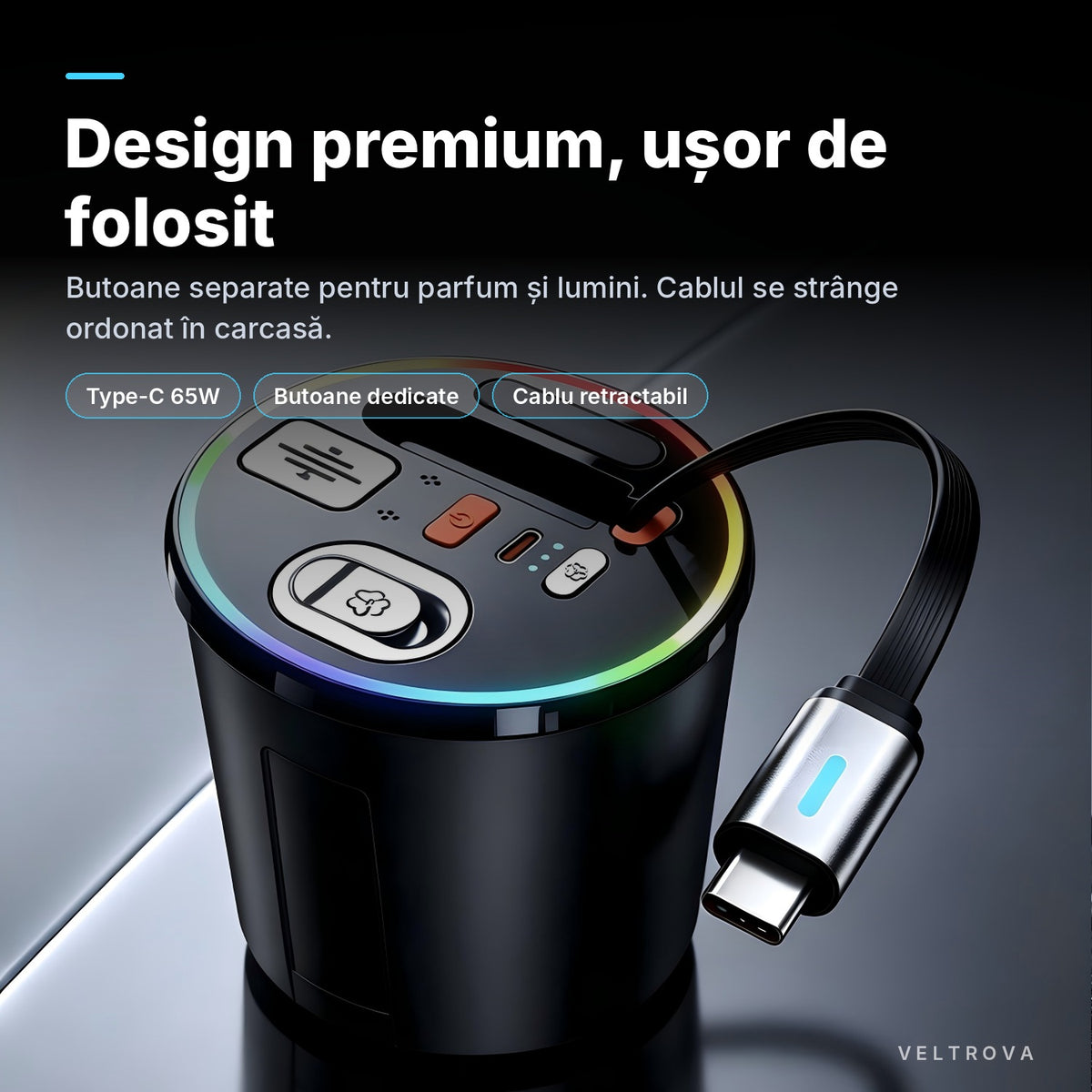 Încărcător Auto dedicat pentru suportul de pahare 130W cu difuzor de parfum și lumină RGB