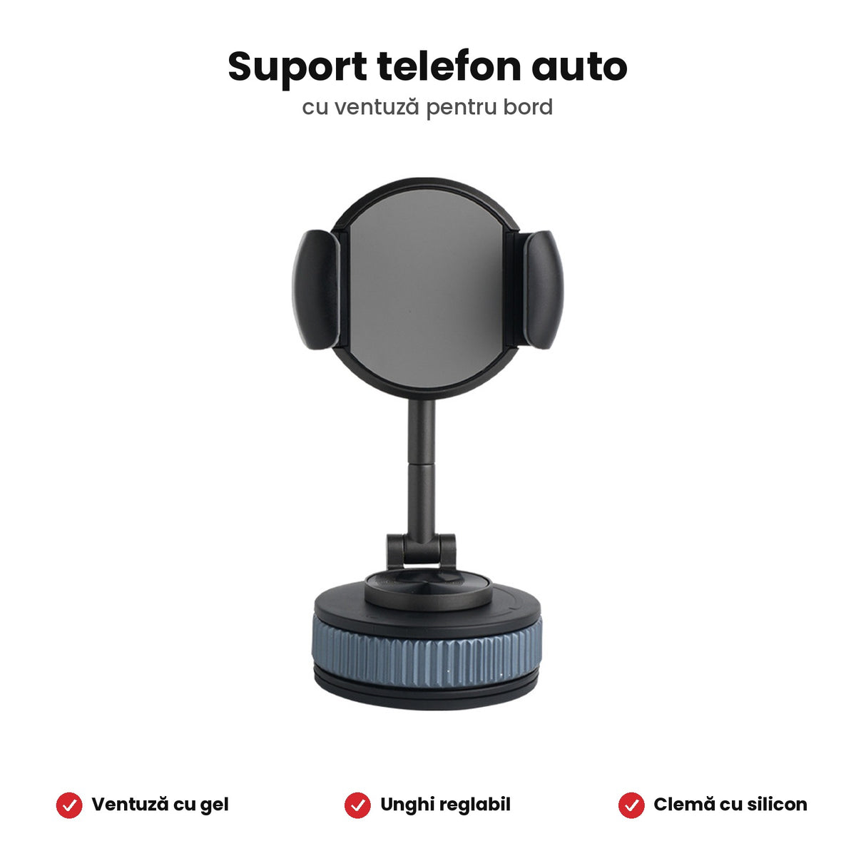 Suport Telefon Auto Universal cu Ventuză cu Gel, Unghi Reglabil