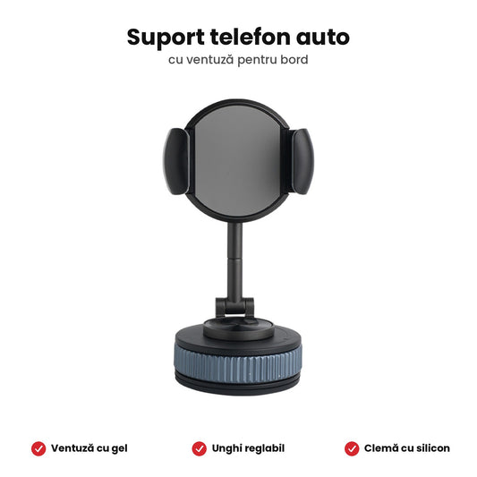 Suport Telefon Auto Universal cu Ventuză cu Gel, Unghi Reglabil