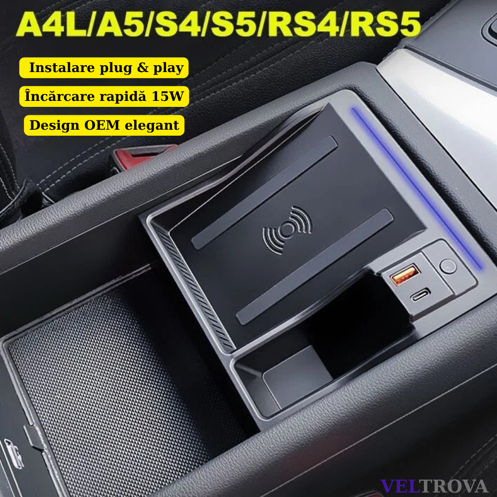 Suport telefon Smart / Statie de incarcare wireless montaj OEM dedicat plug&play pentru Audi A4 / A5 / S4 / S5 / RS4 / RS5 (2016–2023)