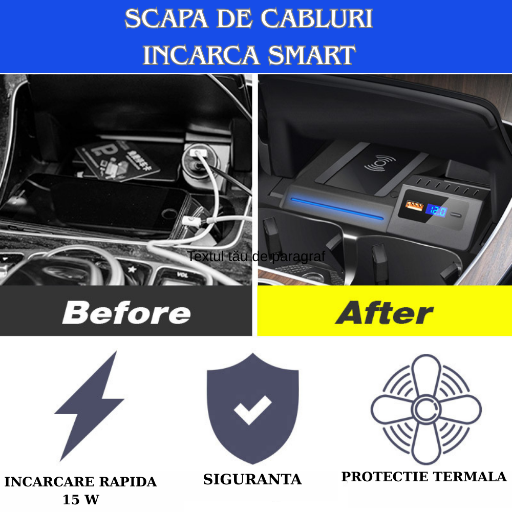 Încărcător wireless VELTROVA pentru Mercedes C Class/GLC W205 C43 C63 GLC43 GLC63, 15W, 2 porturi, montaj Plug&Play