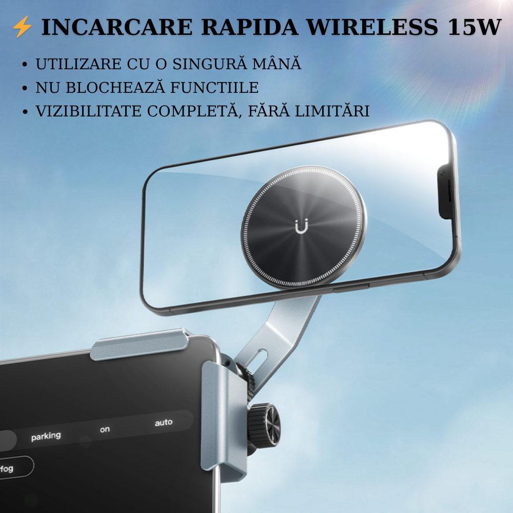 Suport Auto Magnetic cu Încărcare Wireless pentru TESLA si alte marci – Prindere pe Colțul Ecranului Multimedia, Fixare Stabilă