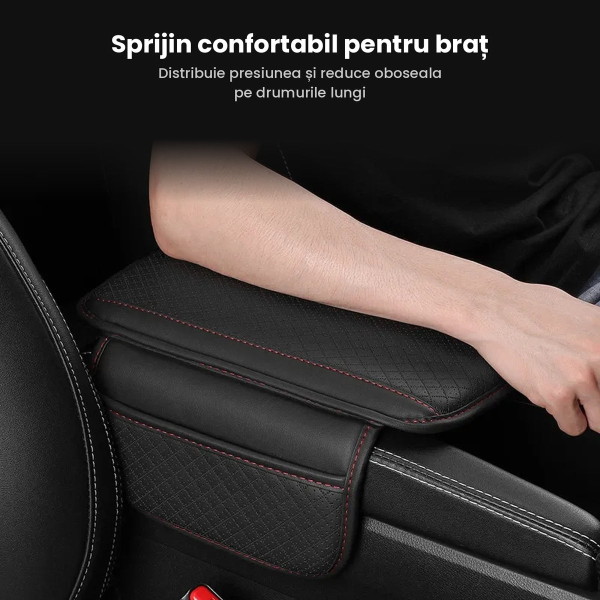 Husă Cotieră Auto cu Buzunar de Depozitare, Piele Ecologică Perforată, Negra