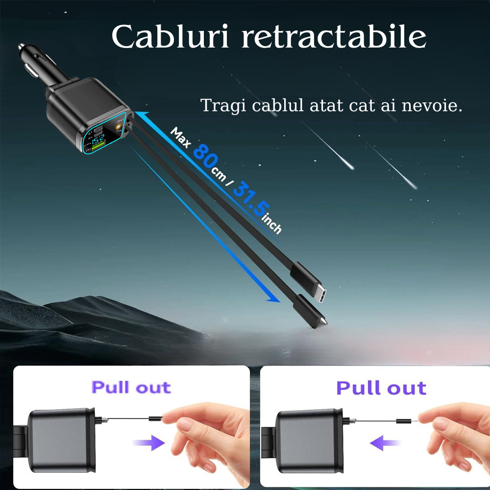 Încărcător Auto 5-în-1 cu Cablu Retractabil, Încărcare Rapidă & Proiecție Starlight