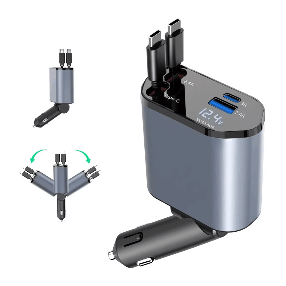 4-in-1 Fast Car Charger with LED Display – Retractable Cables, Fast Charging for iPhone &amp; Android