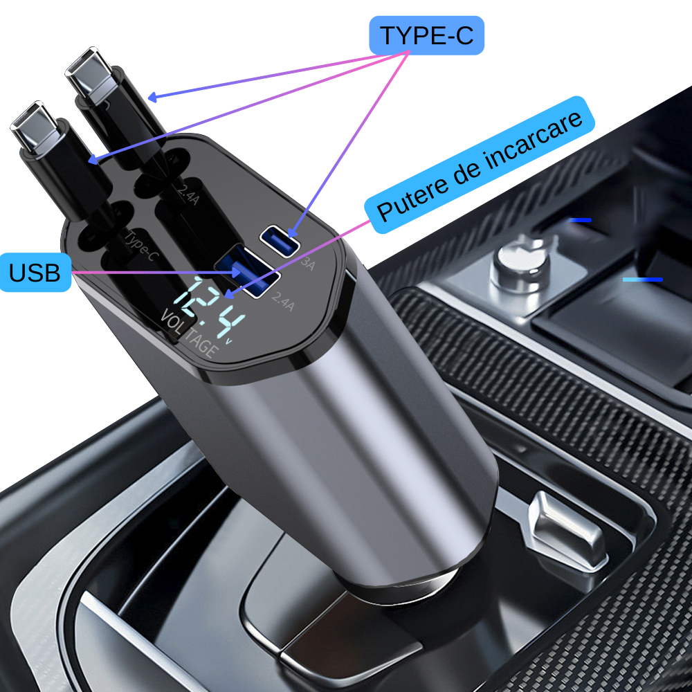 Încărcător Auto Rapid 4-în-1 cu Afișaj LED – Cabluri Retractabile, Încărcare Rapidă pentru iPhone & Android