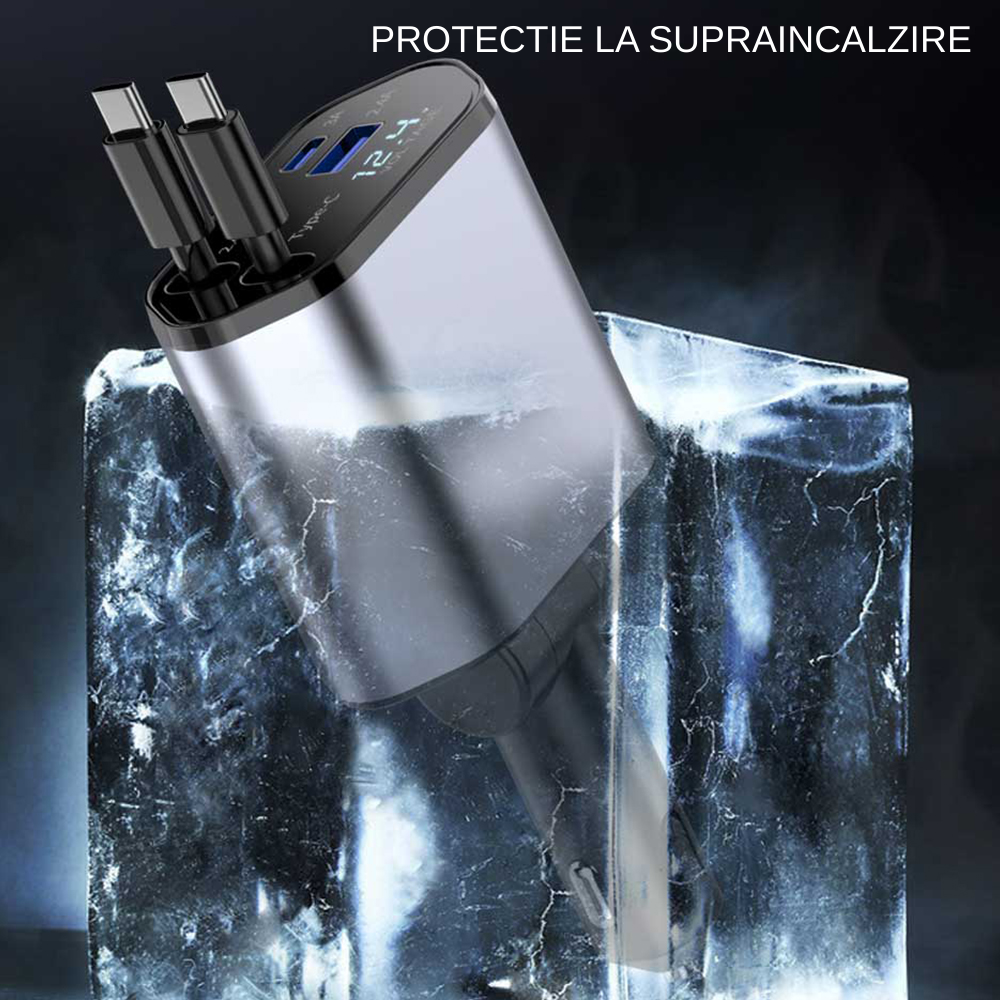 Încărcător Auto Rapid 4-în-1 cu Afișaj LED – Cabluri Retractabile, Încărcare Rapidă pentru iPhone & Android