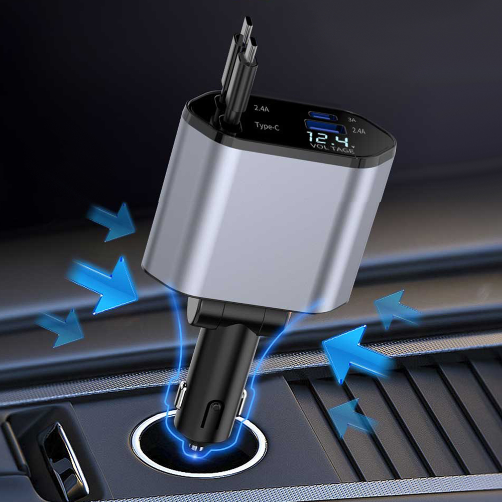 4-in-1 Fast Car Charger with LED Display – Retractable Cables, Fast Charging for iPhone &amp; Android