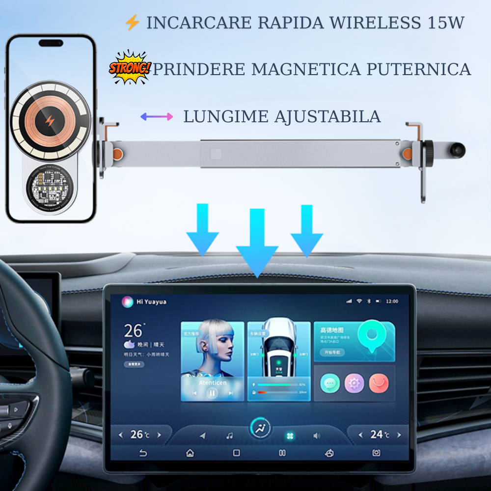 Suport Auto Magnetic cu Încărcare Wireless pentru TESLA si alte marci – Prindere pe Ecranul Multimedia