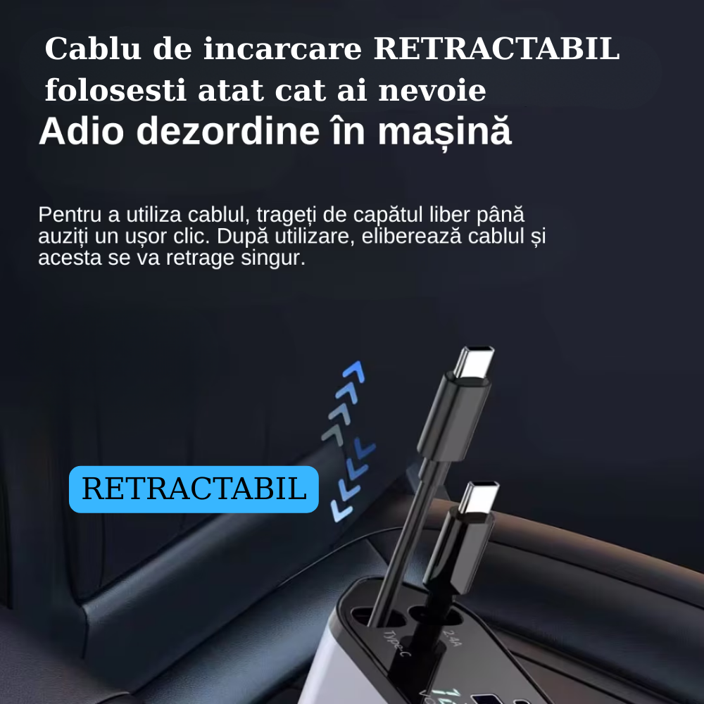 Încărcător Auto Rapid 4-în-1 cu Afișaj LED – Cabluri Retractabile, Încărcare Rapidă pentru iPhone & Android