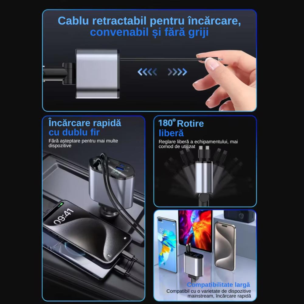 Încărcător Auto Rapid 4-în-1 cu Afișaj LED – Cabluri Retractabile, Încărcare Rapidă pentru iPhone & Android