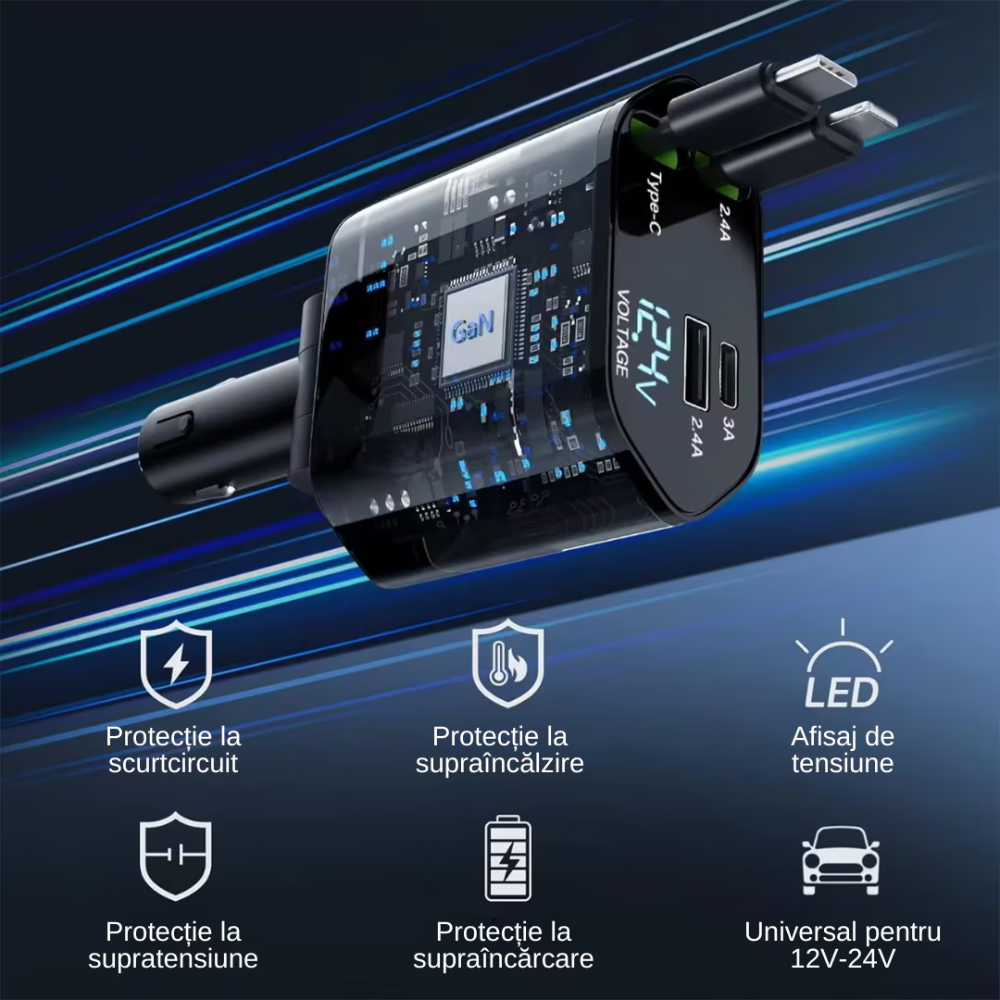 Încărcător Auto Rapid 4-în-1 cu Afișaj LED – Cabluri Retractabile, Încărcare Rapidă pentru iPhone & Android