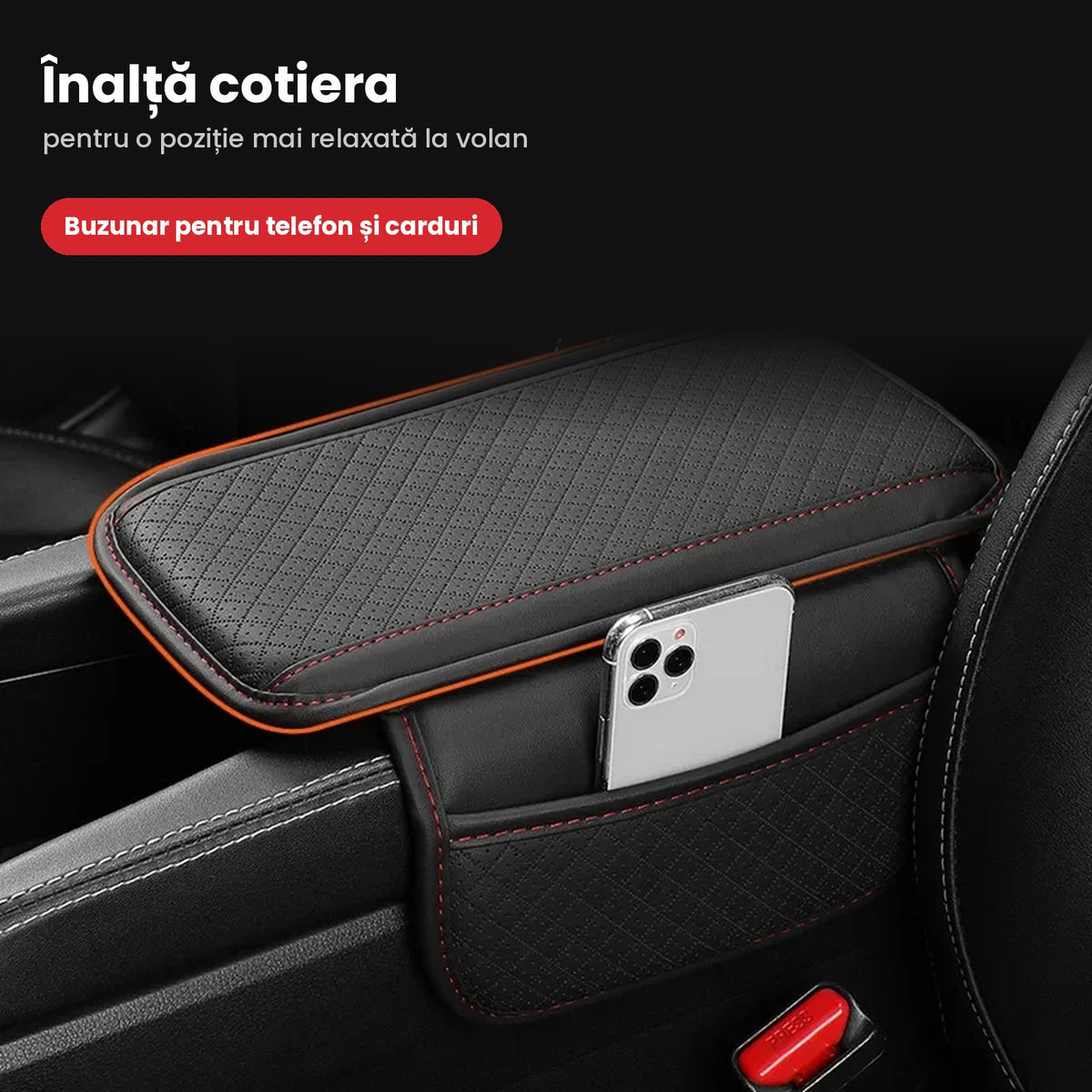 Husă Cotieră Auto cu Buzunar de Depozitare, Piele Ecologică Perforată, Negra
