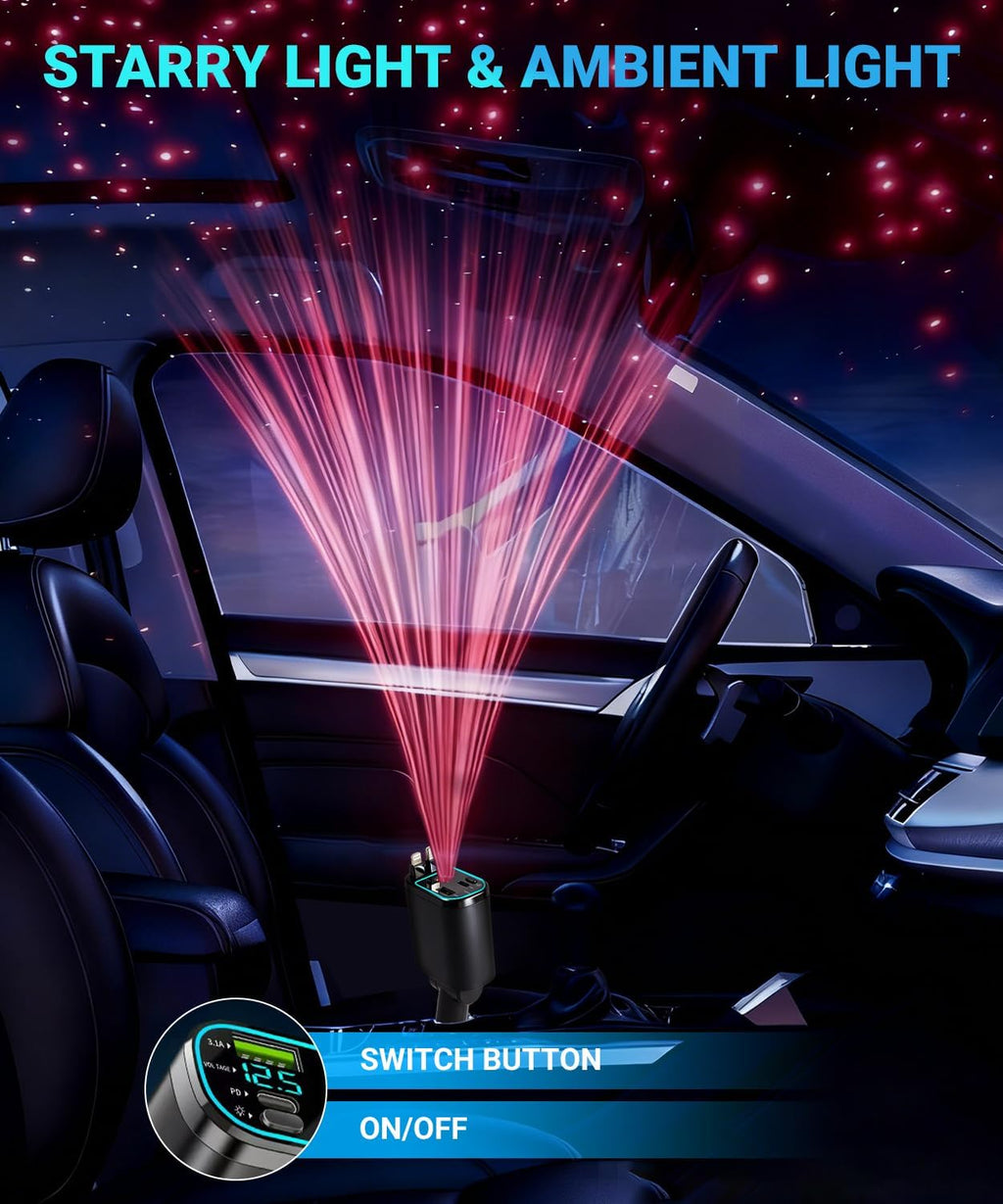 Încărcător Auto 5-în-1 cu Cablu Retractabil, Încărcare Rapidă & Proiecție Starlight