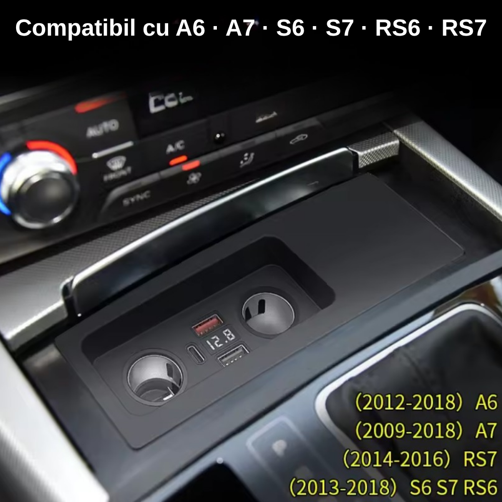 Încărcător Auto dedicat cu USB Fast Charging pentru Audi A6 / A7 c7 2010-2018 — Plug & Play în loc de Scrumieră | QC3.0 + Type-C PD2.0/3.0