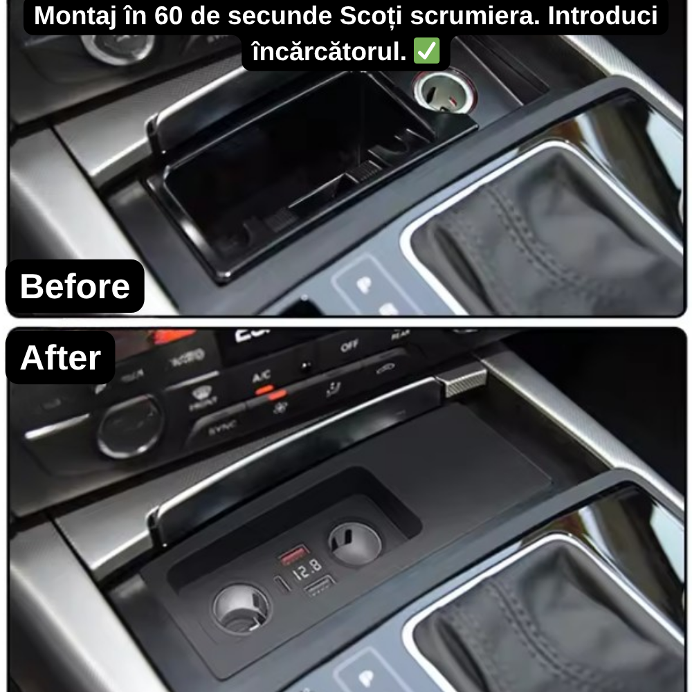 Încărcător Auto dedicat cu USB Fast Charging pentru Audi A6 / A7 c7 2010-2018 — Plug & Play în loc de Scrumieră | QC3.0 + Type-C PD2.0/3.0