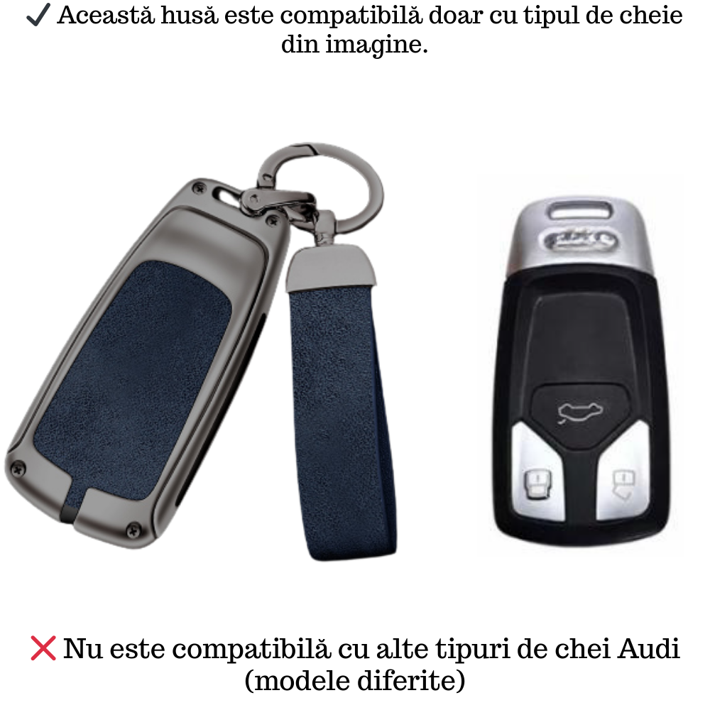 Husa cheie auto premium dedicata Audi 2009 – 2019  din aliaj si piele naturala – set complet, protecție elegantă & cutie cadou