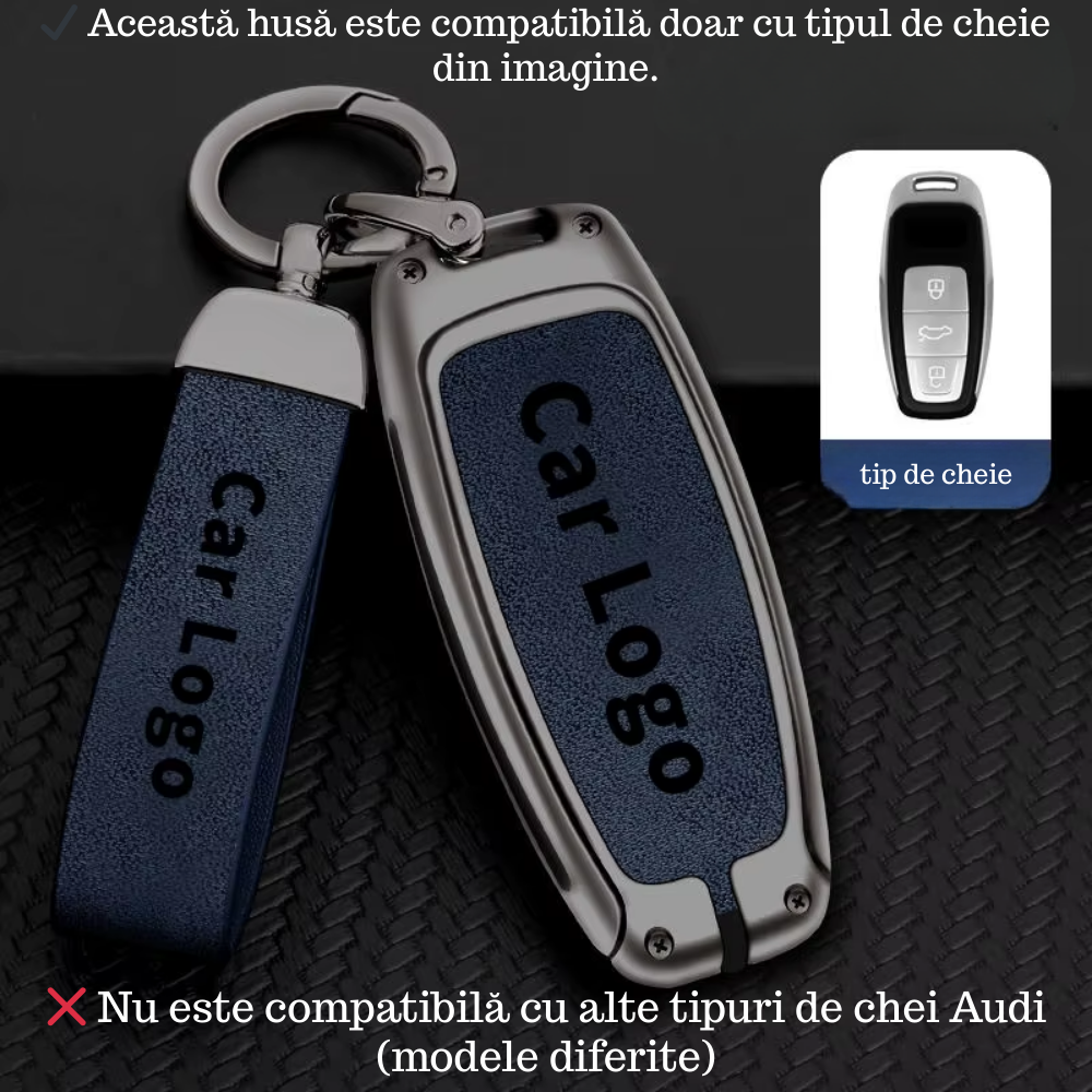 Husa cheie auto premium dedicata Audi 2016+  din aliaj si piele naturala – set complet, protecție elegantă & cutie cadou